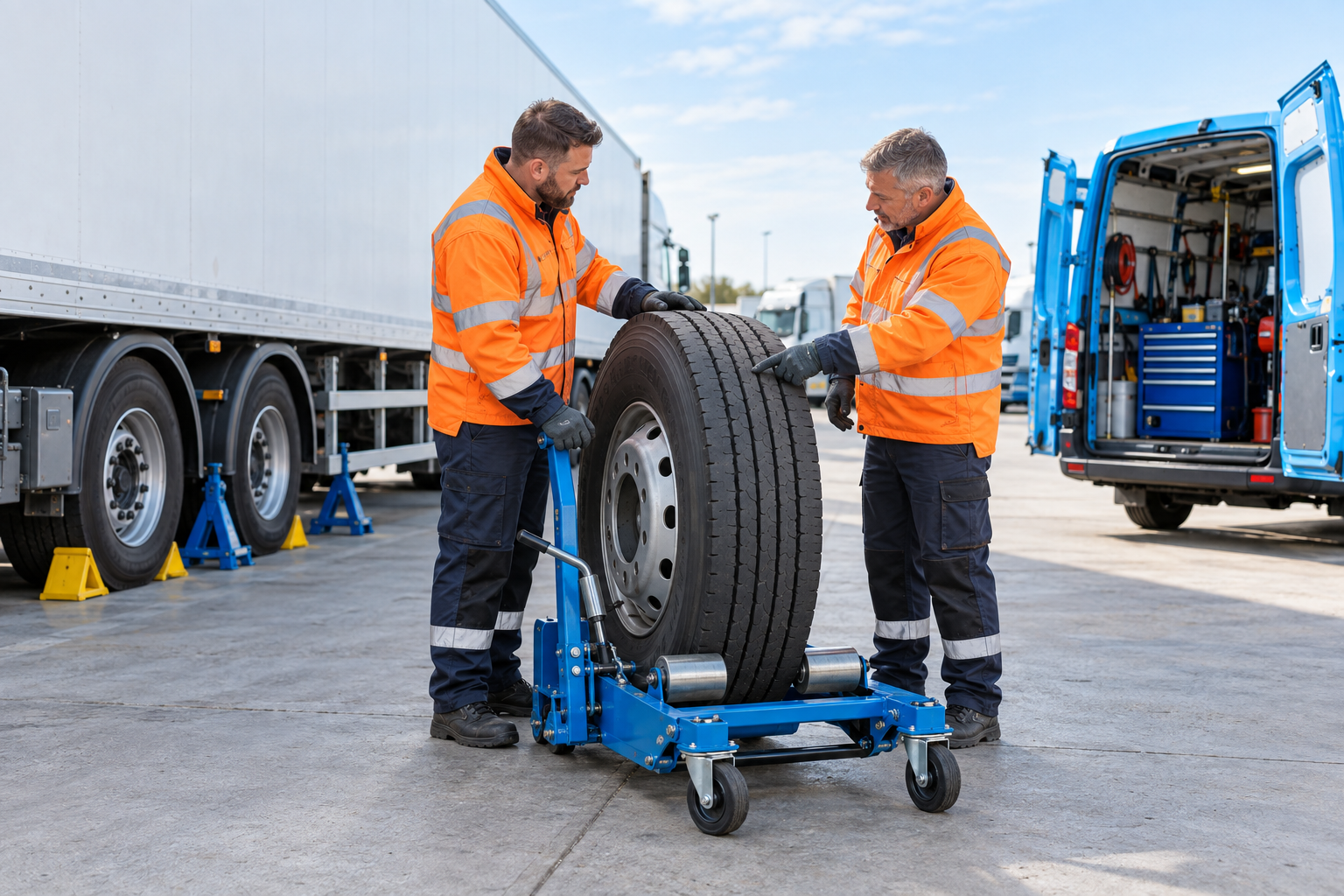 Two mobile tyre technicians beside a commercial wheel on a trolley, white trailer and sky-blue service van