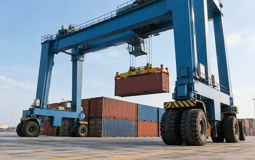 Rubber-tyred gantry crane over containers with prominent wheel bogies.