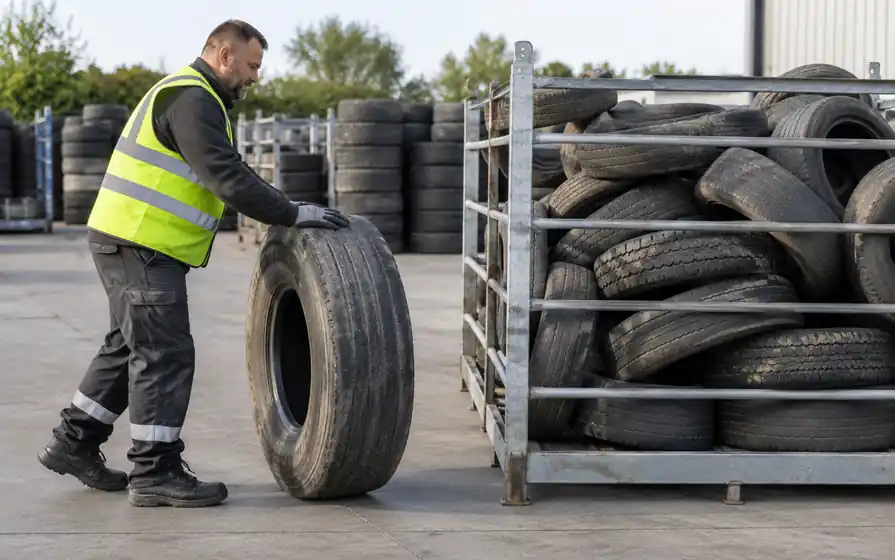 Worker rolling a worn commercial tyre toward an organized tyre collection stillage.