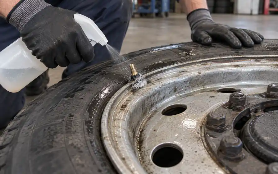 Soapy leak-detection bubbles gather around a commercial wheel valve as a technician sprays it.